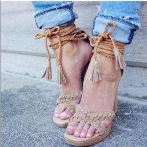 Joie Flo Strappy Suede Platform Ankle Wrap Heels, Tan, EU 38.5 Women's 8.5